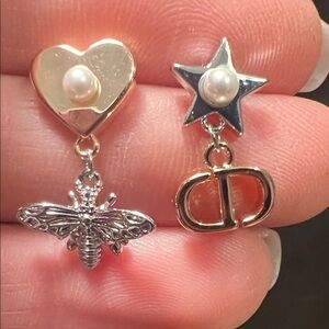 Gold and Silver Heart Drop Earrings with Pearl and Bee Charm